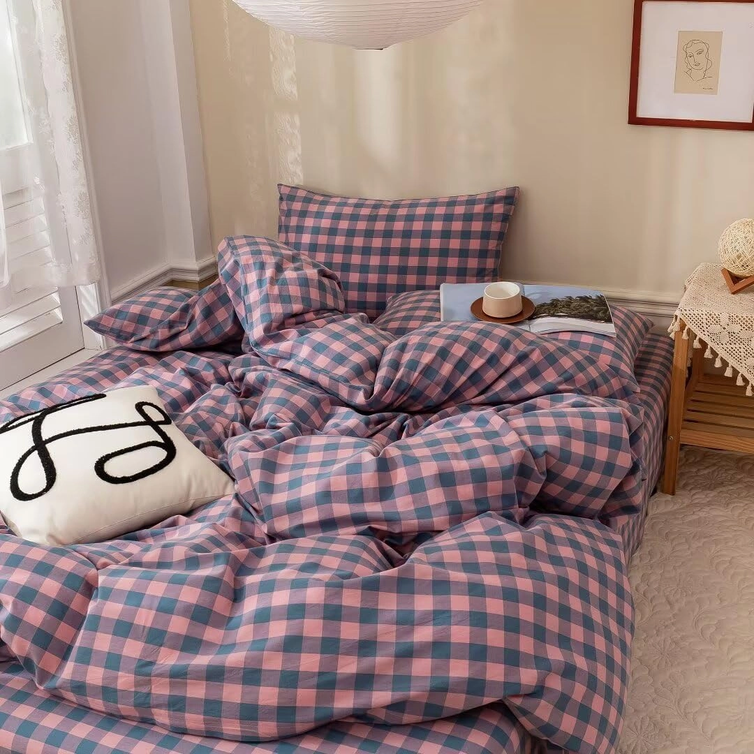 MKXI Plaid Duvet Cover Queen Pink Plaids Floral Bedding Breathable Linen Like Textured Duvet Cover Set Natural Wrinkled Look Rustic Geometric Farmhouse Style Bedding for Girls Women