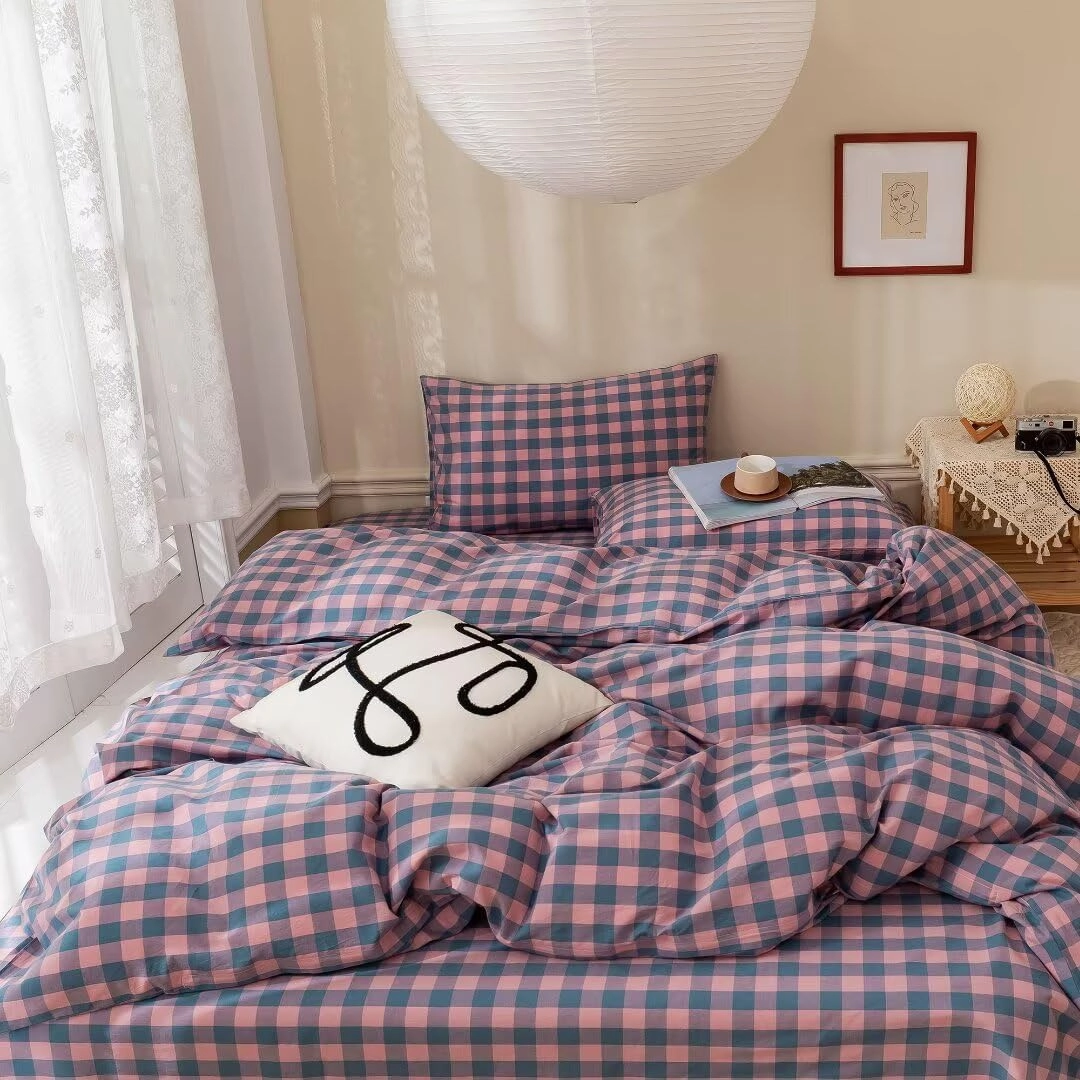 MKXI Plaid Duvet Cover Queen Pink Plaids Floral Bedding Breathable Linen Like Textured Duvet Cover Set Natural Wrinkled Look Rustic Geometric Farmhouse Style Bedding for Girls Women