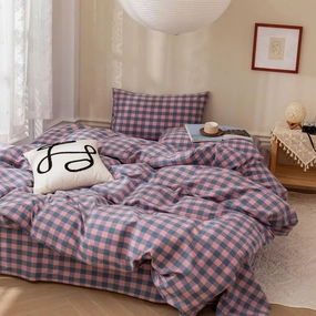 MKXI Plaid Duvet Cover Queen Pink Plaids Floral Bedding Breathable Linen Like Textured Duvet Cover Set Natural Wrinkled Look Rustic Geometric Farmhouse Style Bedding for Girls Women