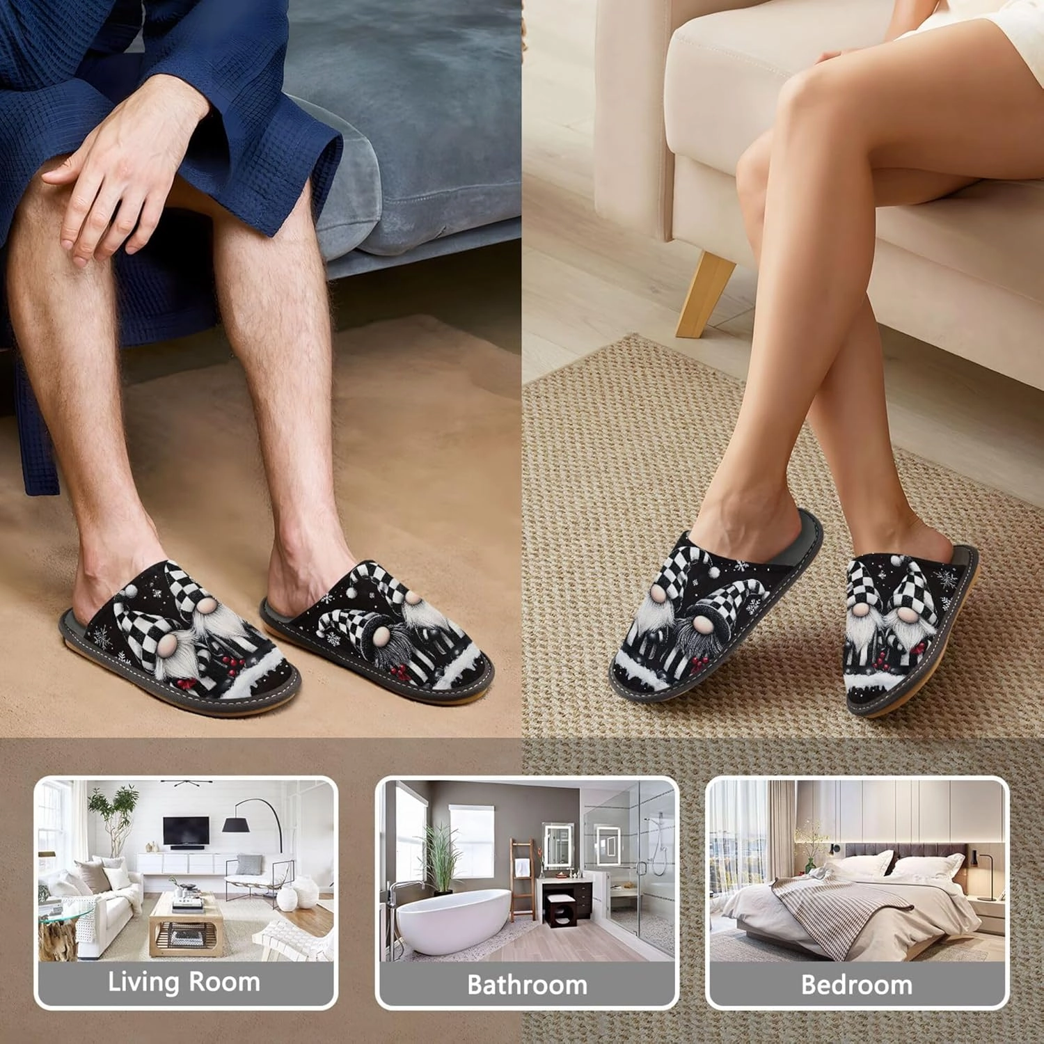MNSRUU Fuzzy Slippers House Slippers for Women Men Gnomes Rose Black Plush Warm Slippers Winter Soft Slippers Bedroom Shoes Plush Lining Indoor Non-slip