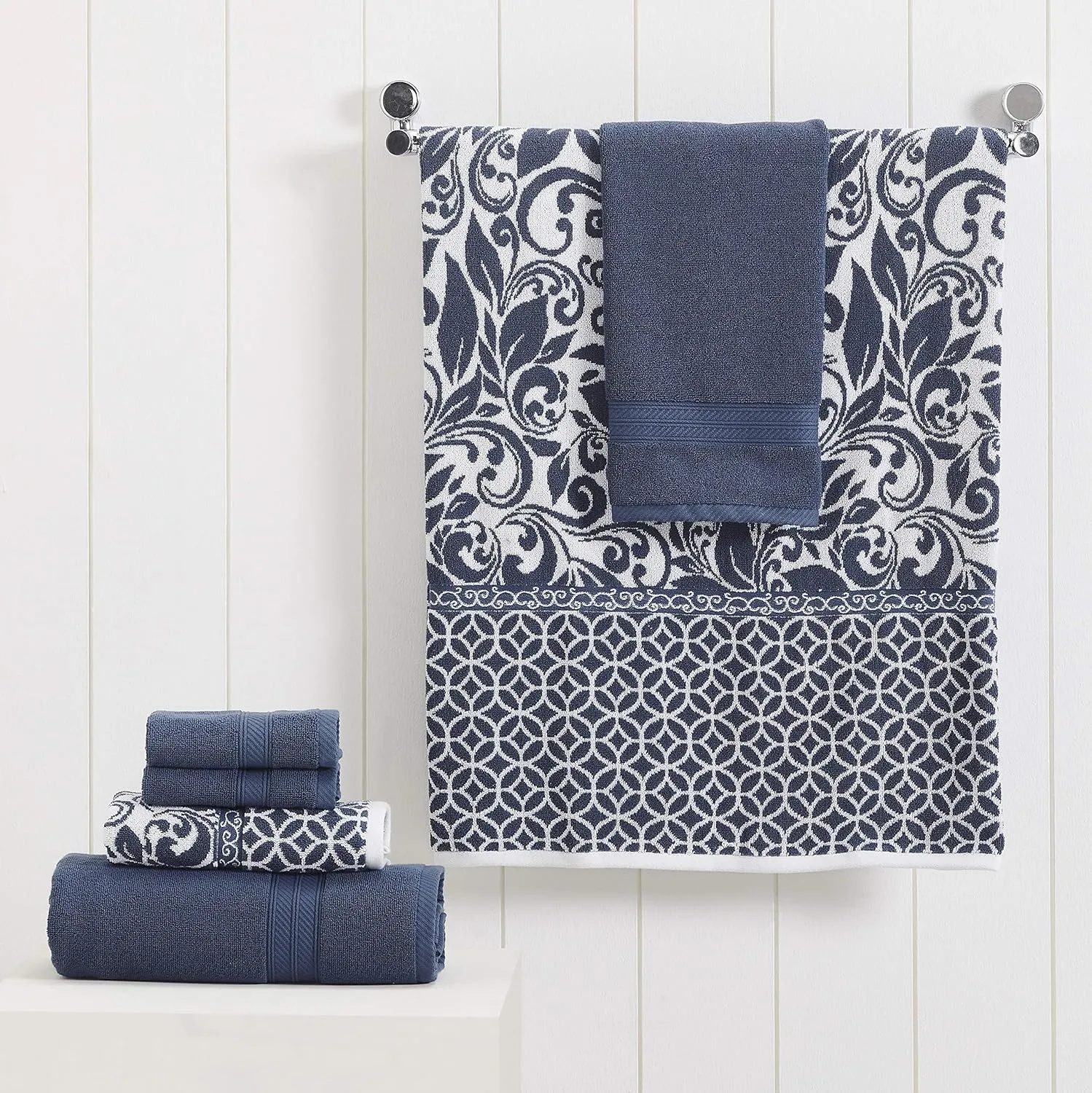 Modern Threads Trefoil Filigree 6-Piece Reversible Yarn Dyed Jacquard Towel Set - Bath Towels, Hand Towels, & Washcloths - Super Absorbent & Quick Dry - 100% Combed Cotton