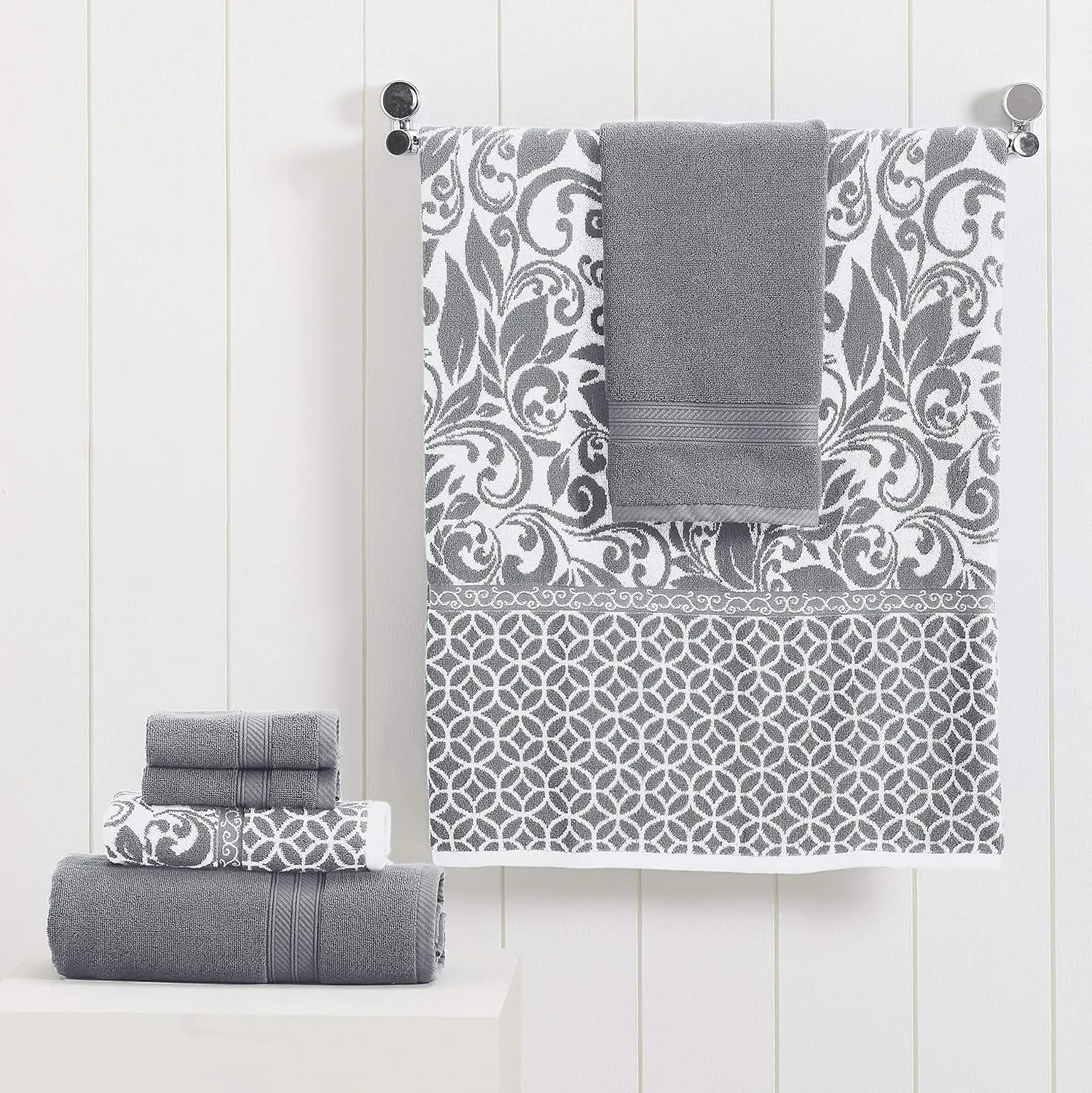 Modern Threads Trefoil Filigree 6-Piece Reversible Yarn Dyed Jacquard Towel Set - Bath Towels, Hand Towels, & Washcloths - Super Absorbent & Quick Dry - 100% Combed Cotton