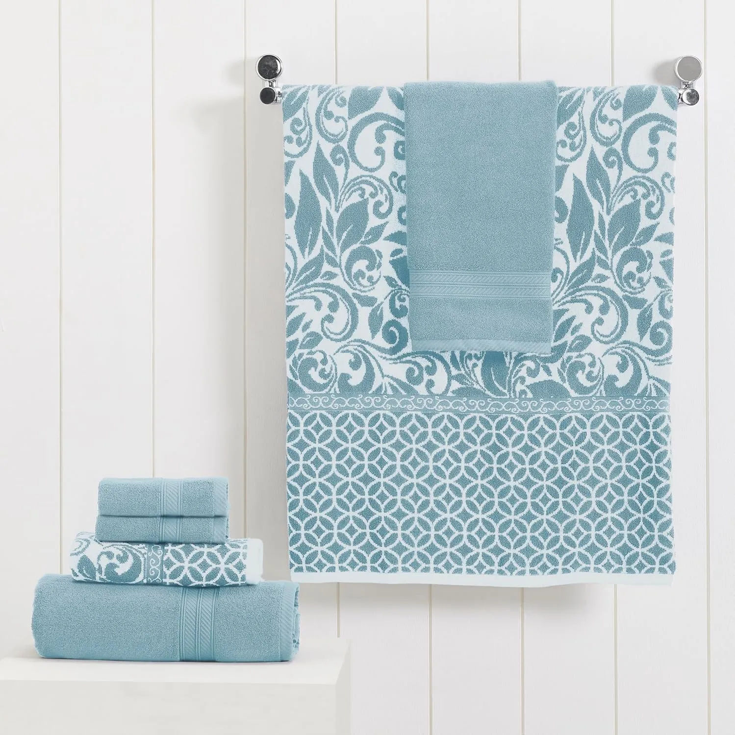 Modern Threads Trefoil Filigree 6-Piece Reversible Yarn Dyed Jacquard Towel Set - Bath Towels, Hand Towels, & Washcloths - Super Absorbent & Quick Dry - 100% Combed Cotton