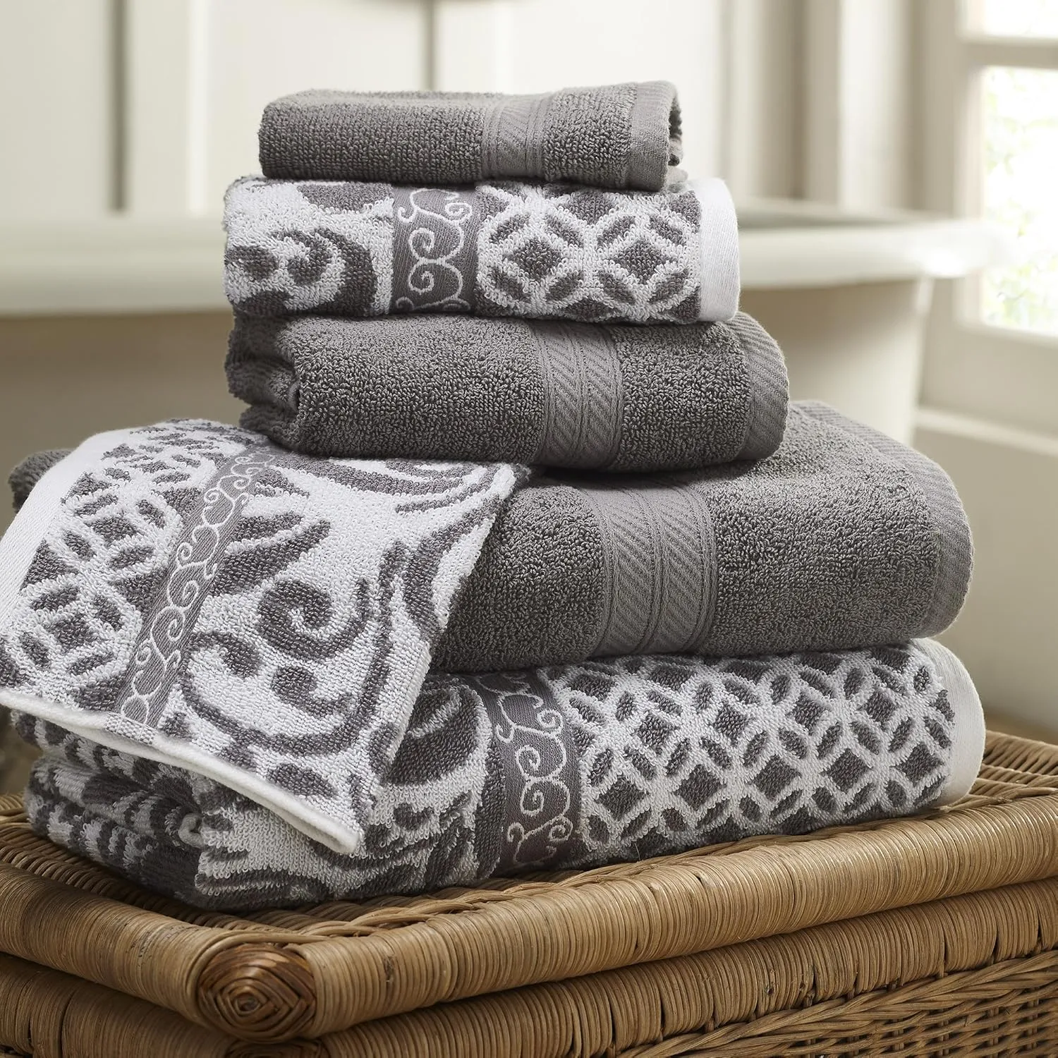 Modern Threads Trefoil Filigree 6-Piece Reversible Yarn Dyed Jacquard Towel Set - Bath Towels, Hand Towels, & Washcloths - Super Absorbent & Quick Dry - 100% Combed Cotton