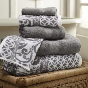 Modern Threads Trefoil Filigree 6-Piece Reversible Yarn Dyed Jacquard Towel Set - Bath Towels, Hand Towels, & Washcloths - Super Absorbent & Quick Dry - 100% Combed Cotton