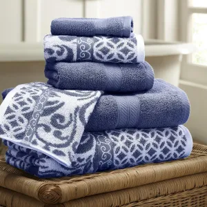 Modern Threads Trefoil Filigree 6-Piece Reversible Yarn Dyed Jacquard Towel Set - Bath Towels, Hand Towels, & Washcloths - Super Absorbent & Quick Dry - 100% Combed Cotton
