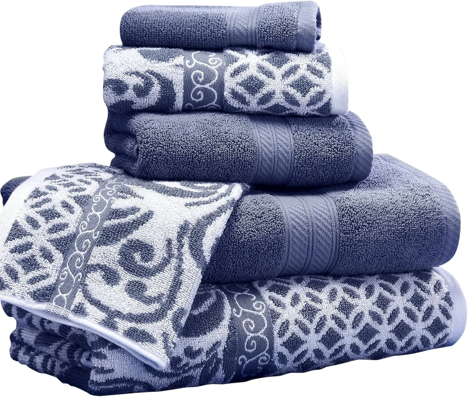 Modern Threads Trefoil Filigree 6-Piece Reversible Yarn Dyed Jacquard Towel Set - Bath Towels, Hand Towels, & Washcloths - Super Absorbent & Quick Dry - 100% Combed Cotton