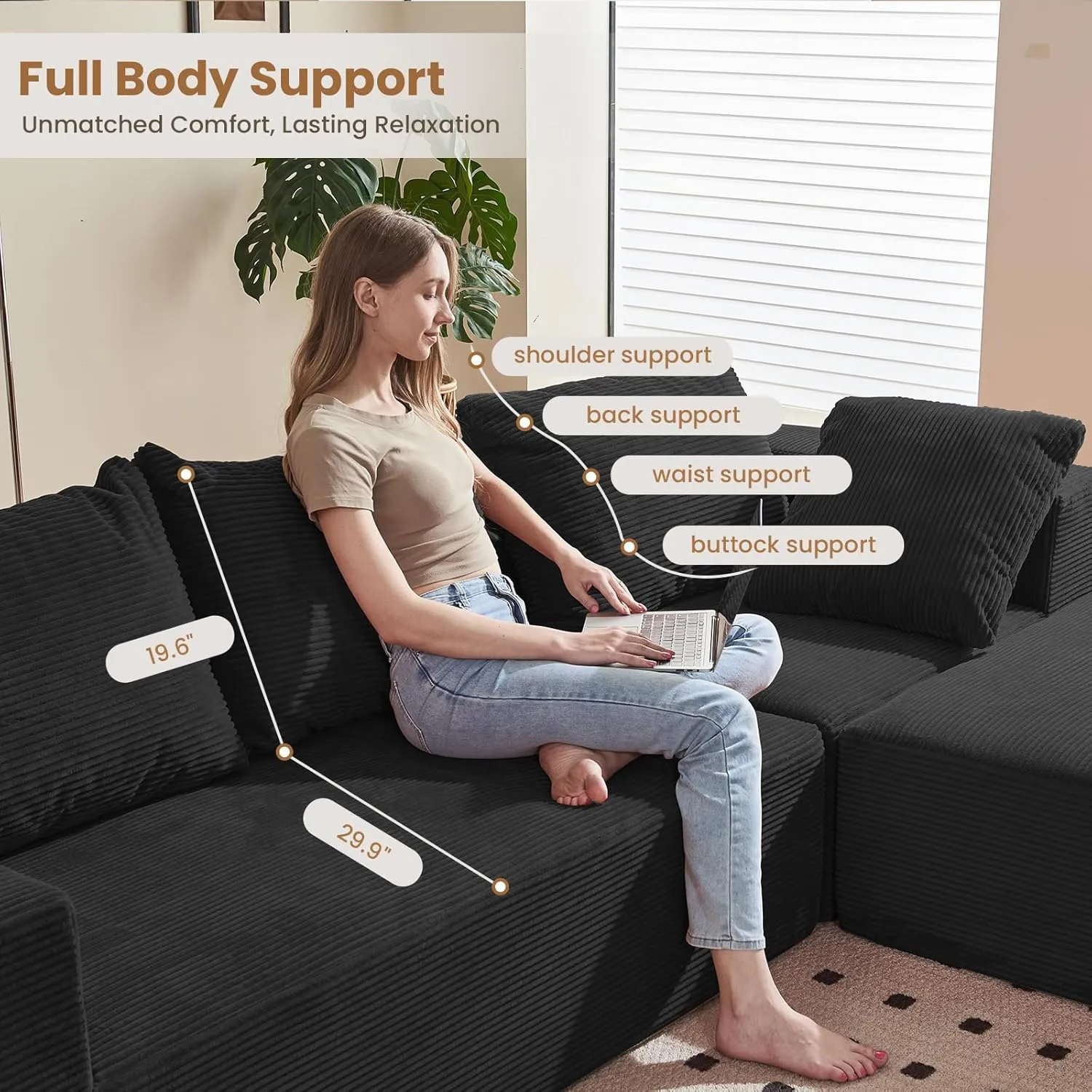 Modular Sectional Sofa, 108" L-Shaped Boneless Couch with Deep Seat, Corduroy Cloud Couch for Living Room, Bedroom, No Assembly Required, Ship in a Box, Black