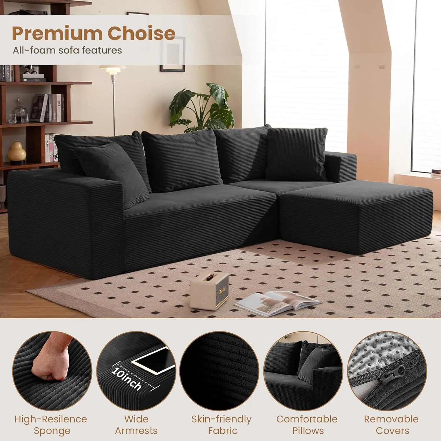 Modular Sectional Sofa, 108" L-Shaped Boneless Couch with Deep Seat, Corduroy Cloud Couch for Living Room, Bedroom, No Assembly Required, Ship in a Box, Black