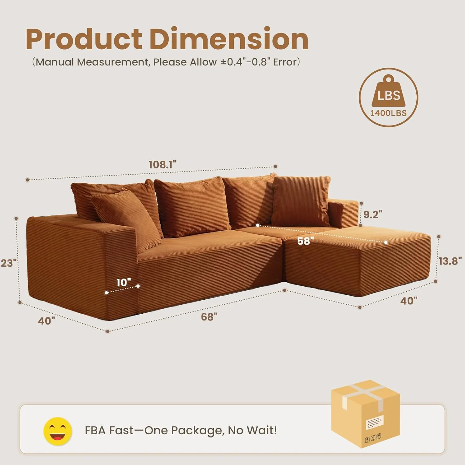 Modular Sectional Sofa, 108" L-Shaped Boneless Couch with Deep Seat, Corduroy Cloud Couch for Living Room, Bedroom, No Assembly Required, Ship in a Box, Orange