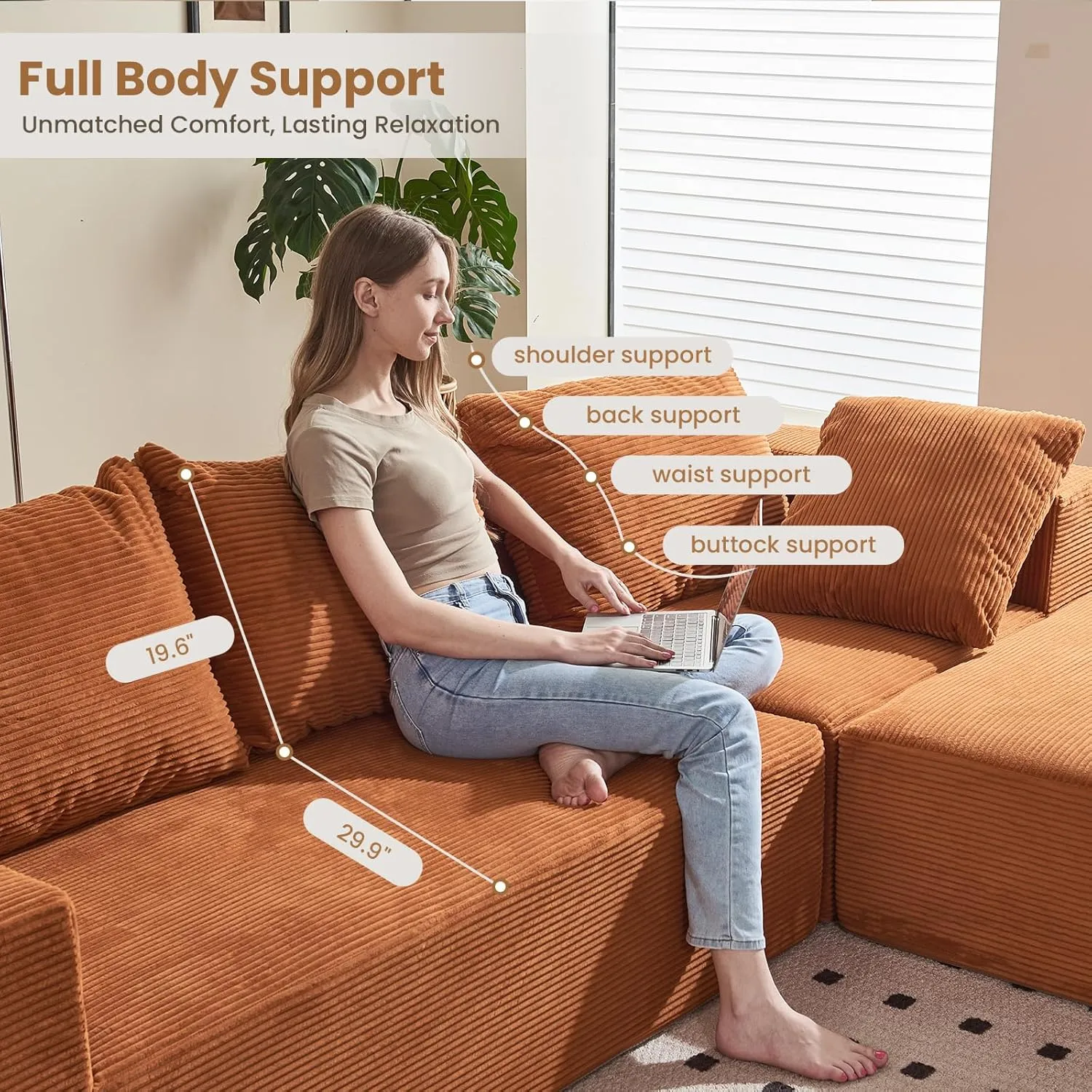 Modular Sectional Sofa, 108" L-Shaped Boneless Couch with Deep Seat, Corduroy Cloud Couch for Living Room, Bedroom, No Assembly Required, Ship in a Box, Orange