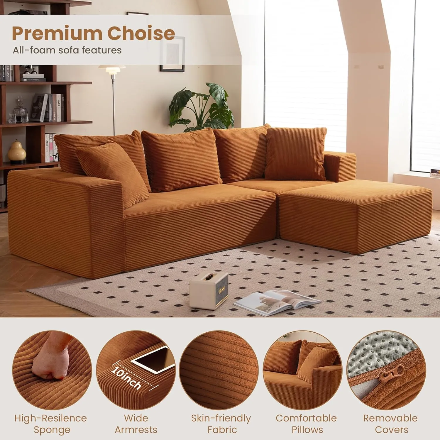 Modular Sectional Sofa, 108" L-Shaped Boneless Couch with Deep Seat, Corduroy Cloud Couch for Living Room, Bedroom, No Assembly Required, Ship in a Box, Orange