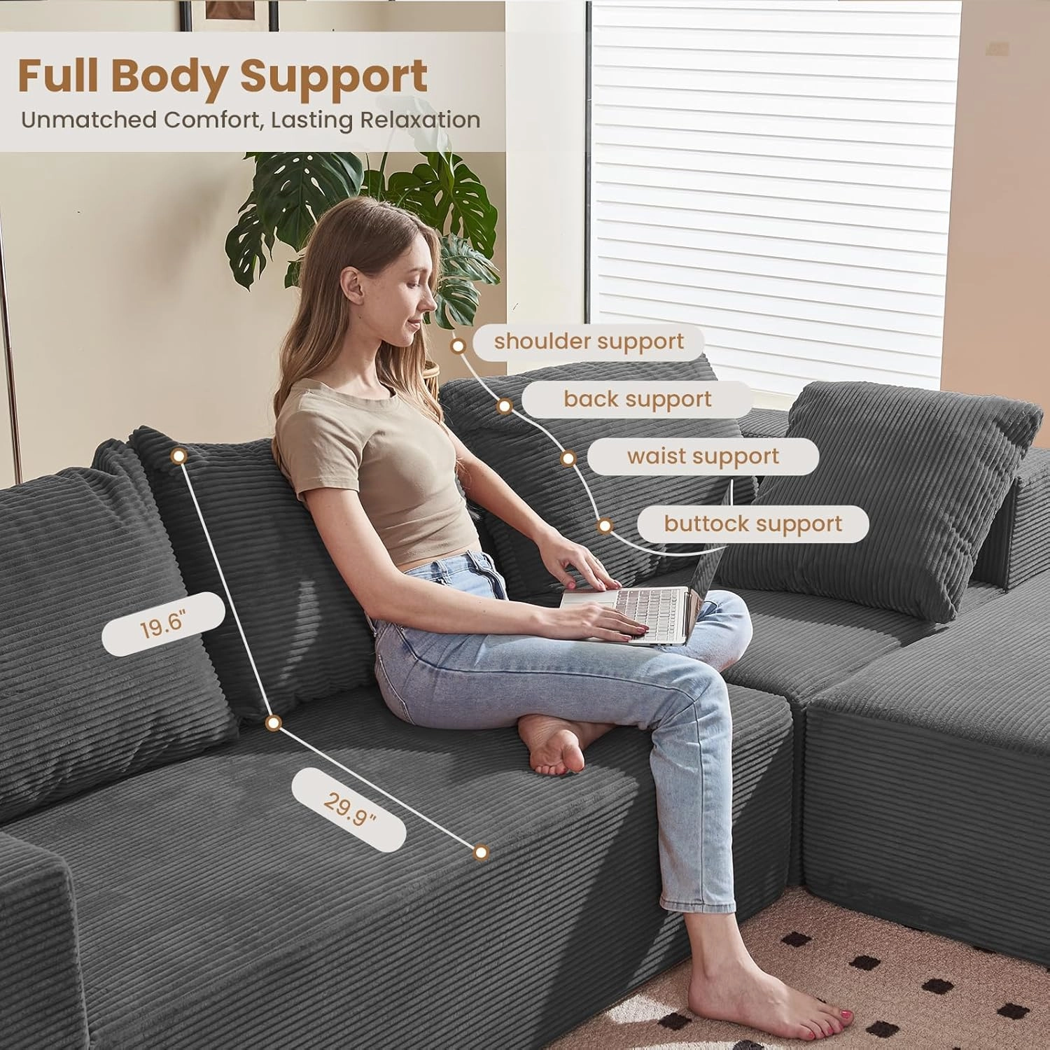 Modular Sectional Sofa, 108" L-Shaped Boneless Couch with Deep Seat, Corduroy Cloud Couch for Living Room, Bedroom, No Assembly Required, Ship in a Box, Grey