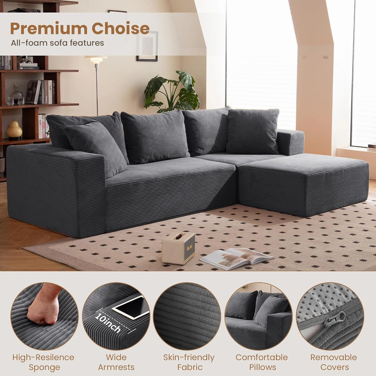Modular Sectional Sofa, 108" L-Shaped Boneless Couch with Deep Seat, Corduroy Cloud Couch for Living Room, Bedroom, No Assembly Required, Ship in a Box, Grey