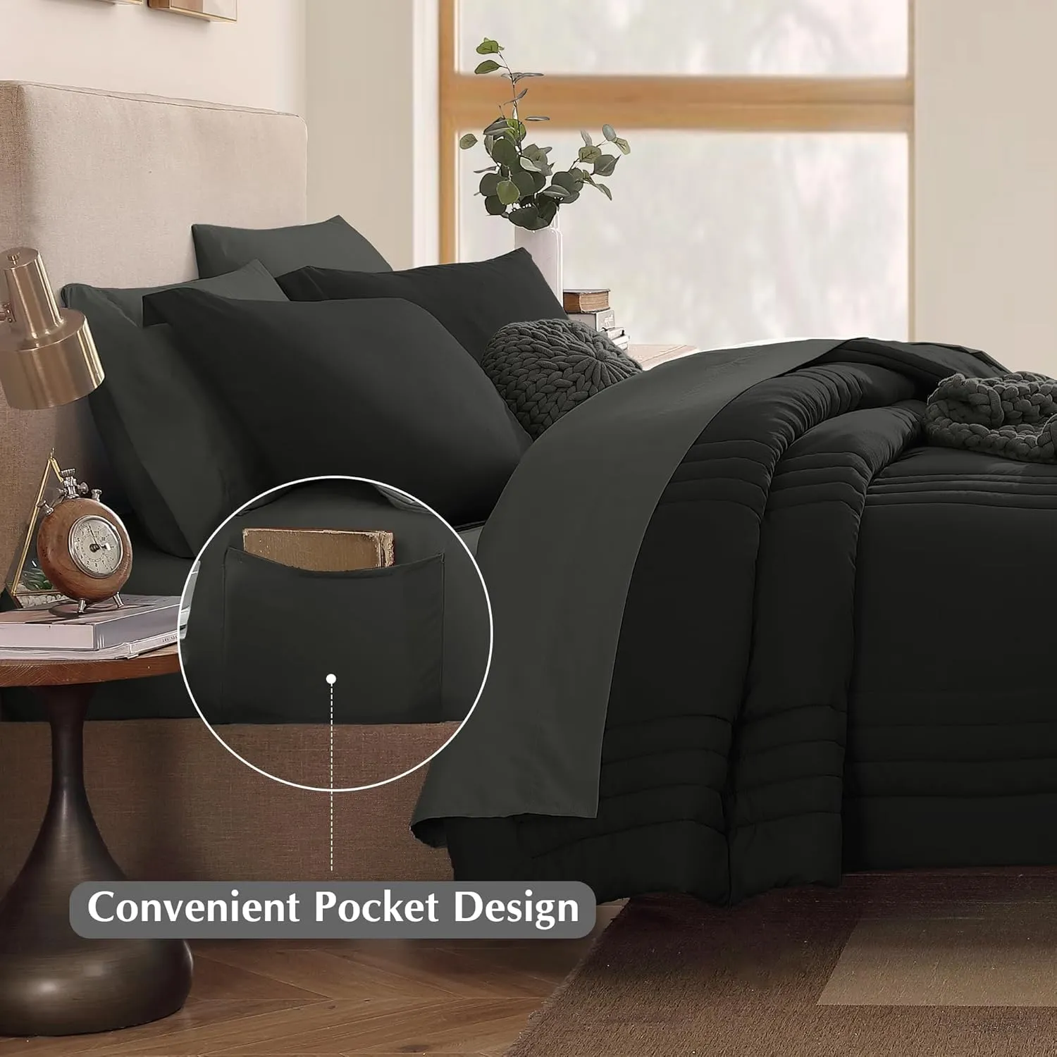 Monbix Queen Comforter Set - 7 Pieces Black Bed in a Bag Queen Bedding Sets with Comforters, All Seasons Down Alternative Comforter Bed Set with Sheets,Pillowcases & Shams
