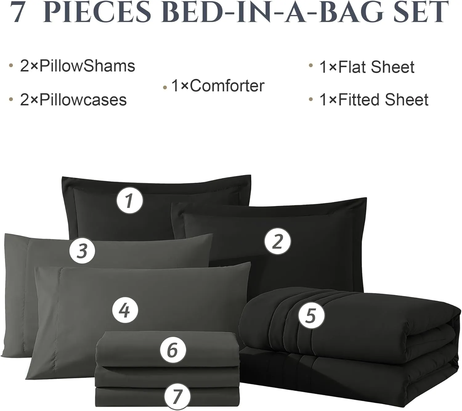 Monbix Queen Comforter Set - 7 Pieces Black Bed in a Bag Queen Bedding Sets with Comforters, All Seasons Down Alternative Comforter Bed Set with Sheets,Pillowcases & Shams