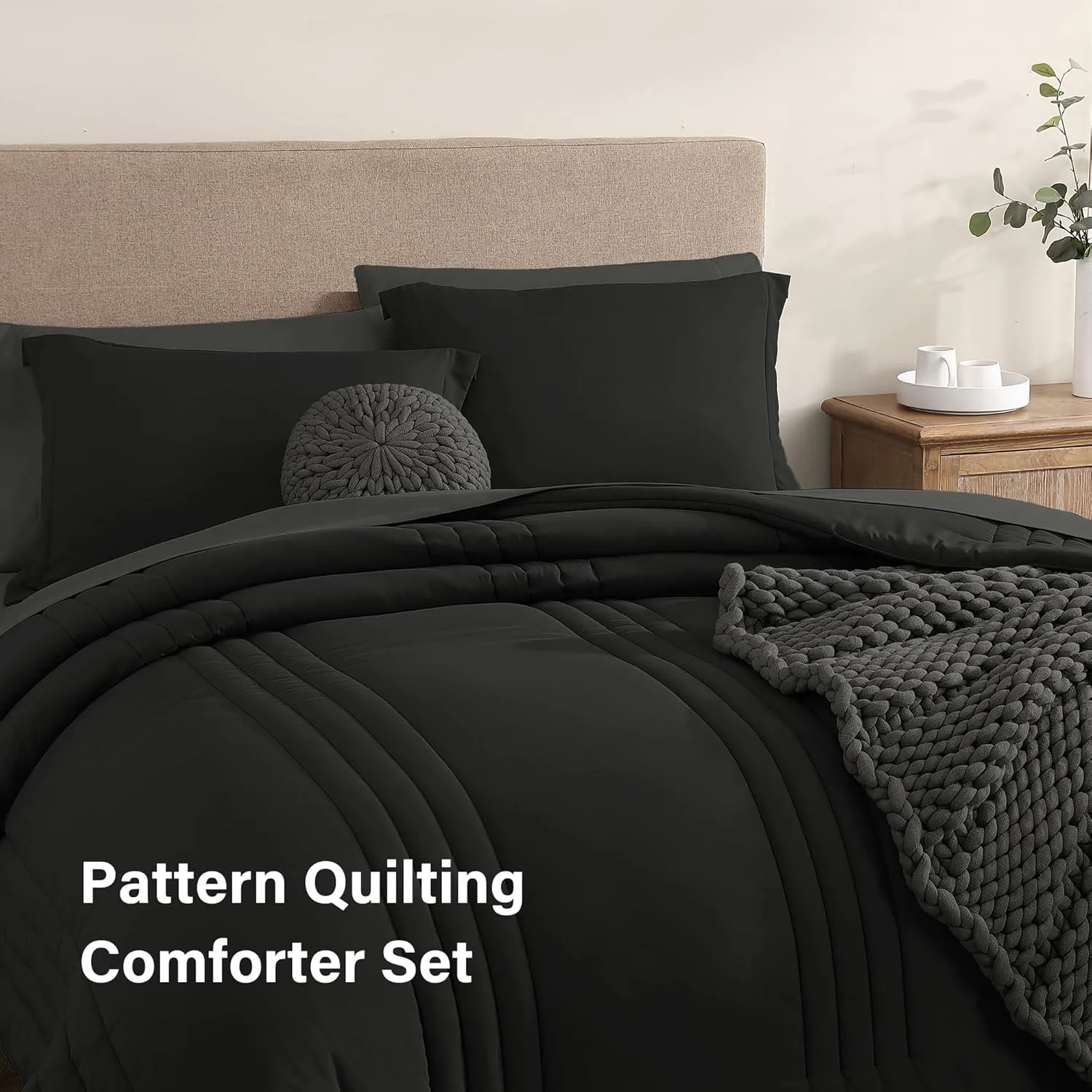 Monbix Queen Comforter Set - 7 Pieces Black Bed in a Bag Queen Bedding Sets with Comforters, All Seasons Down Alternative Comforter Bed Set with Sheets,Pillowcases & Shams