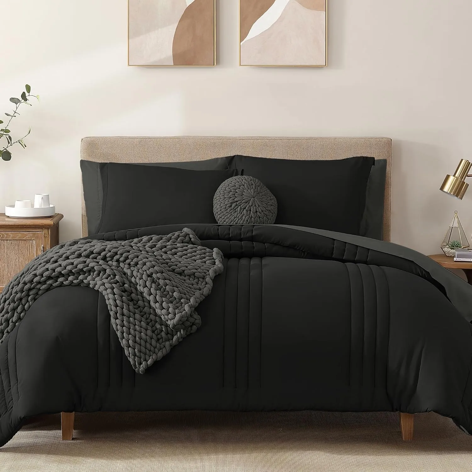Monbix Queen Comforter Set - 7 Pieces Black Bed in a Bag Queen Bedding Sets with Comforters, All Seasons Down Alternative Comforter Bed Set with Sheets,Pillowcases & Shams
