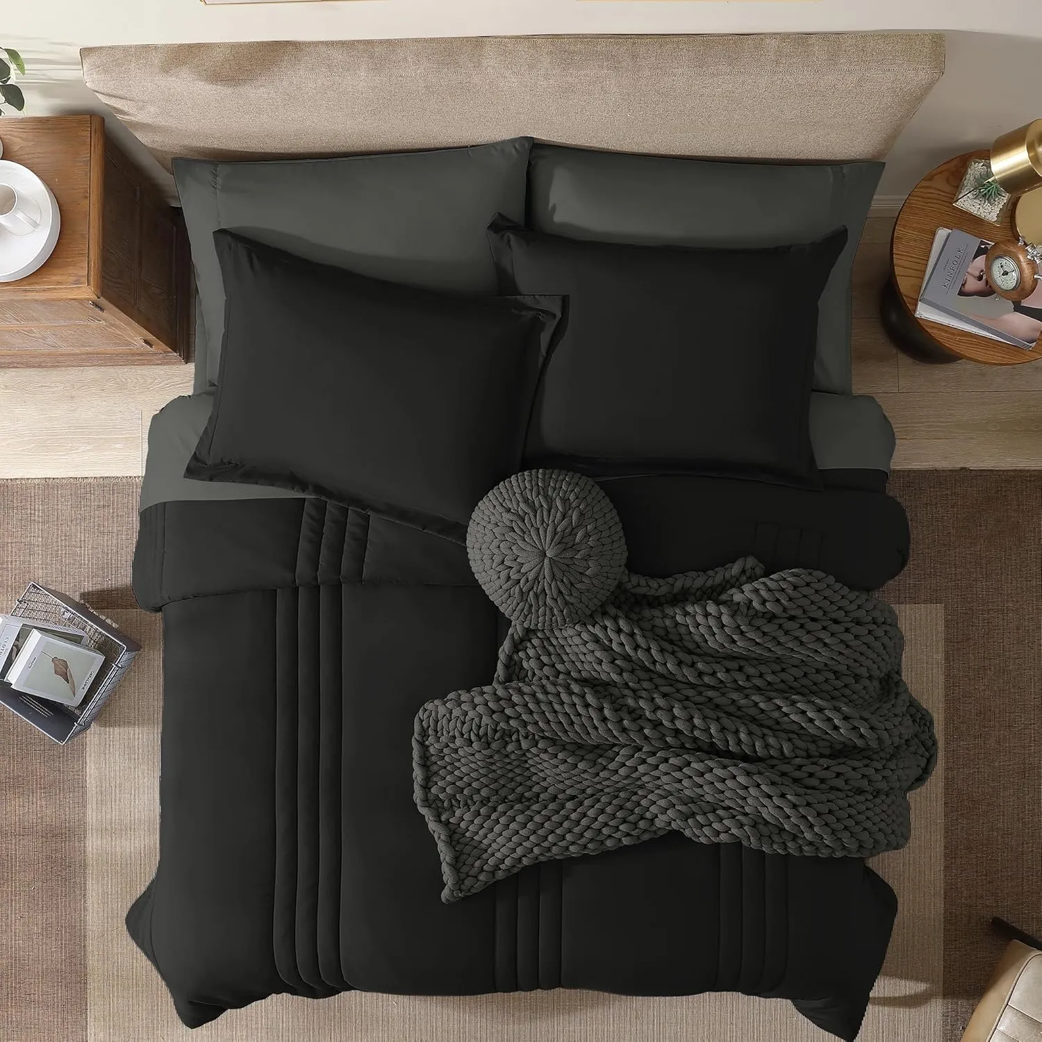 Monbix Queen Comforter Set - 7 Pieces Black Bed in a Bag Queen Bedding Sets with Comforters, All Seasons Down Alternative Comforter Bed Set with Sheets,Pillowcases & Shams