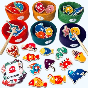 Montessori Toy Wooden Sorting Cup&Fishing Game 3-in-1 Colors Shapes Sorting Matching Letter Game Learning Toys for Toddlers 1-3 Year Old