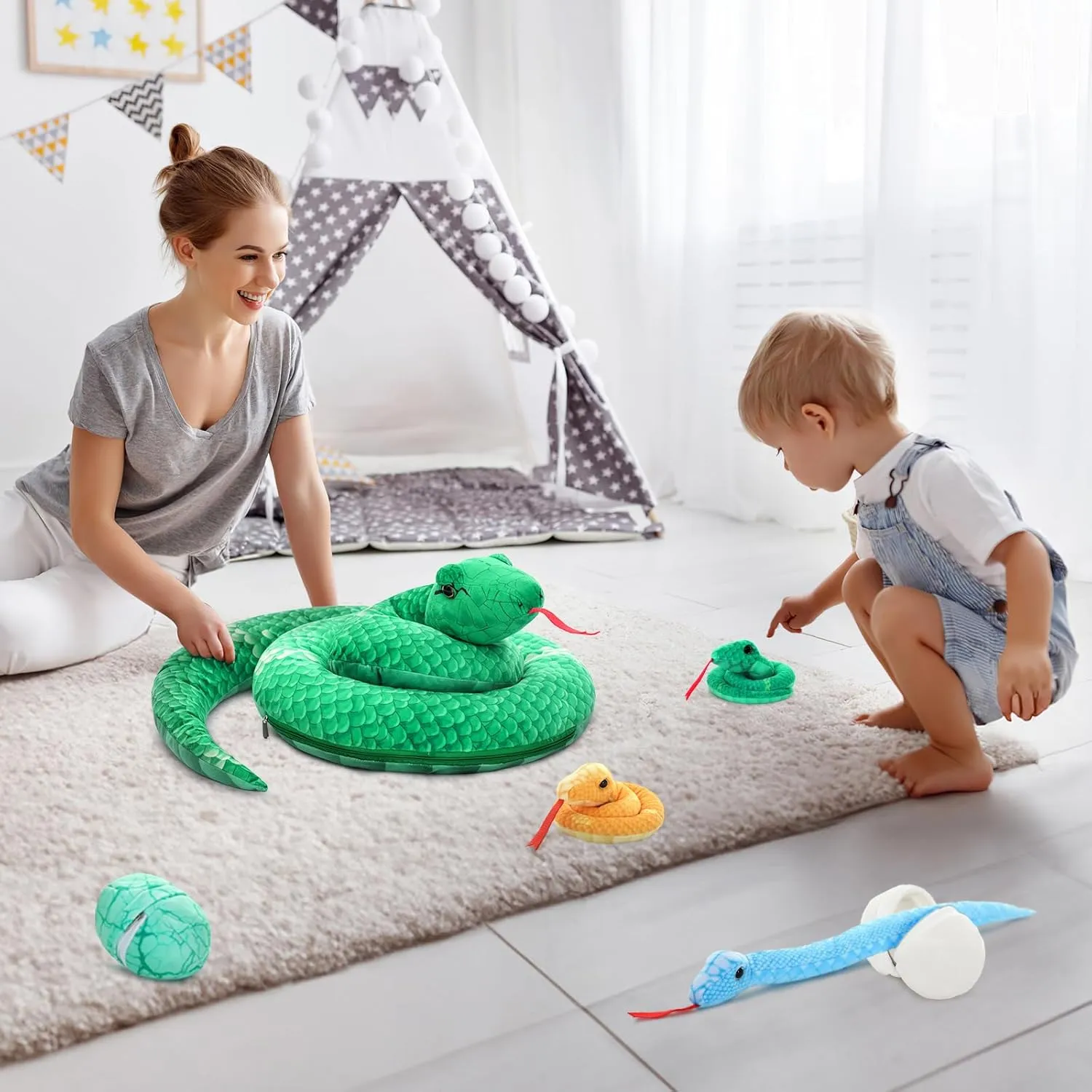 MorisMos Giant Snake Stuffed Animals Mommy with Babies, Realistic Snake Plush Toy,Large Stuffed Snake with Babies & Egg Plushies, Long Green Boa Constrictor Anaconda Toys for Kid Girl Boy Christmas
