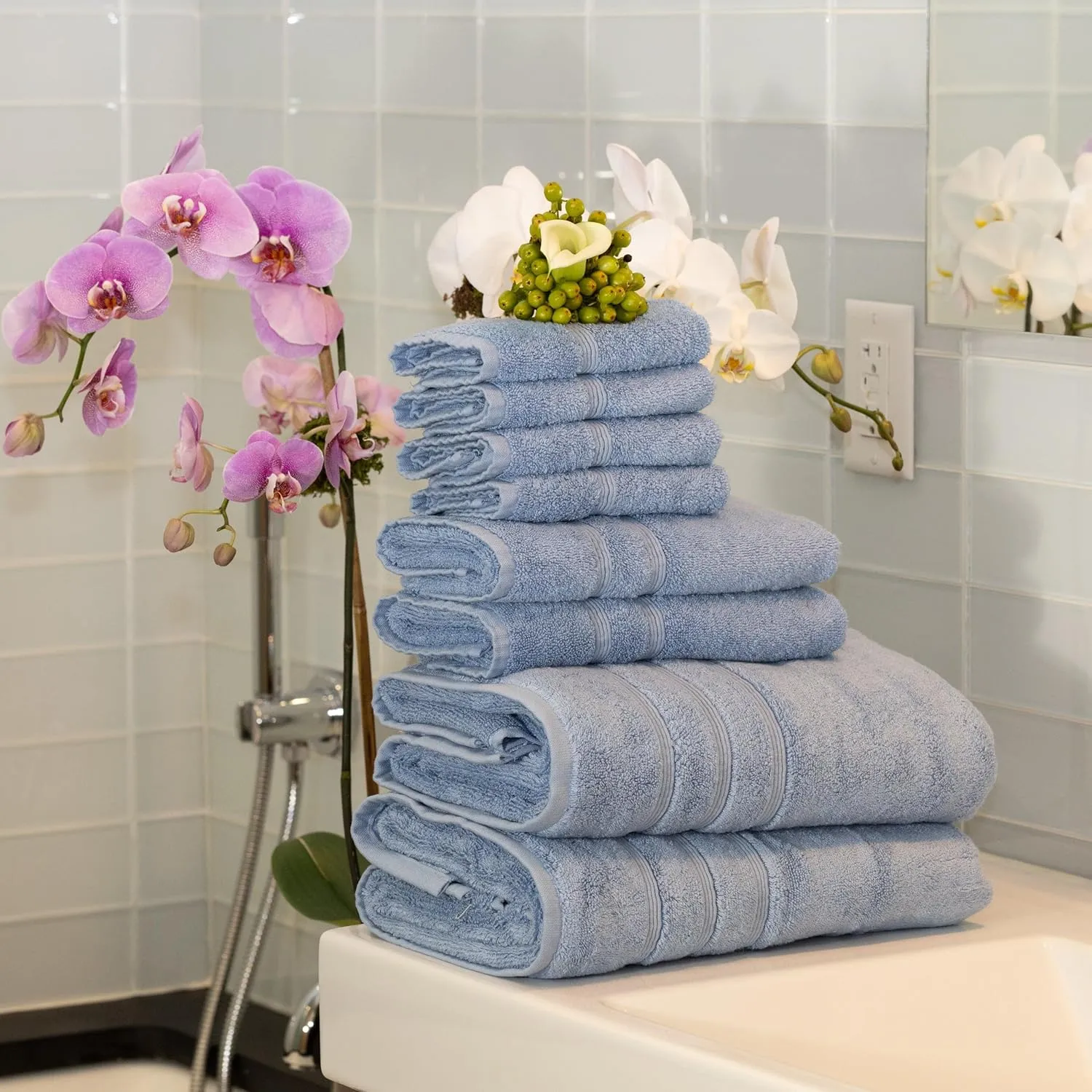 Mosobam Luxury Turkish 8pc Towel Set 30X58 16X30 13X13 Allure Blue 700 GSM Bamboo Viscose & Aegean Turkish Combed Cotton