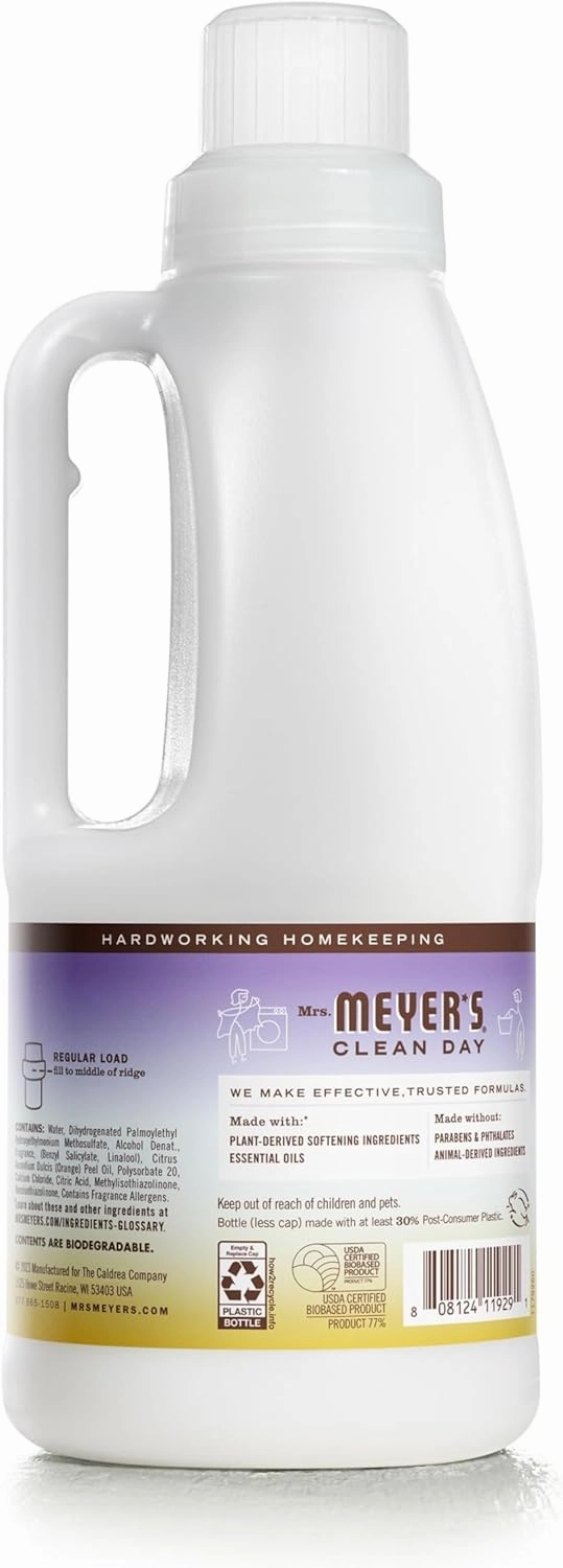 MRS. MEYER'S CLEAN DAY Liquid Fabric Softener, Infused with Essential Oils, Paraben Free, Compassion Flower, 32 oz (32 Loads)