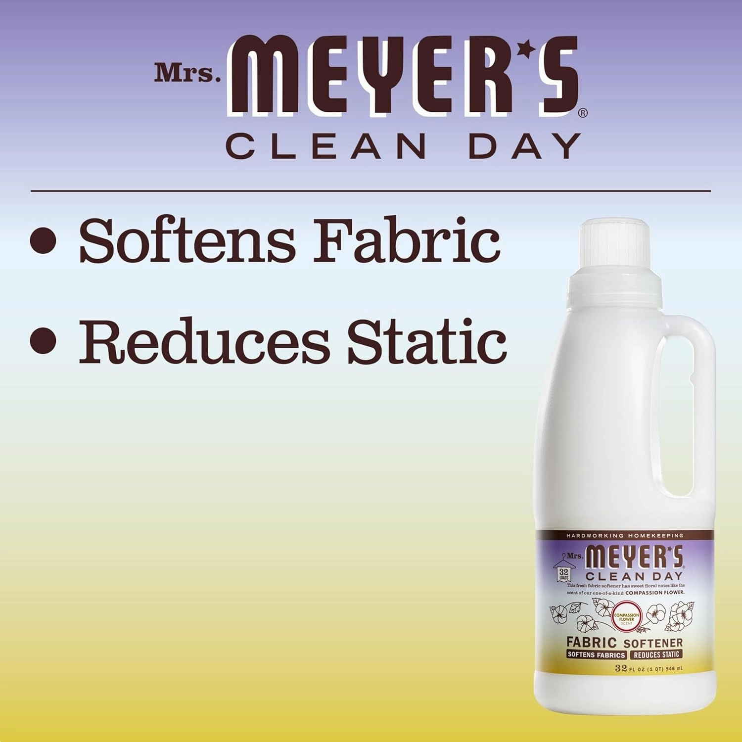 MRS. MEYER'S CLEAN DAY Liquid Fabric Softener, Infused with Essential Oils, Paraben Free, Compassion Flower, 32 oz (32 Loads)