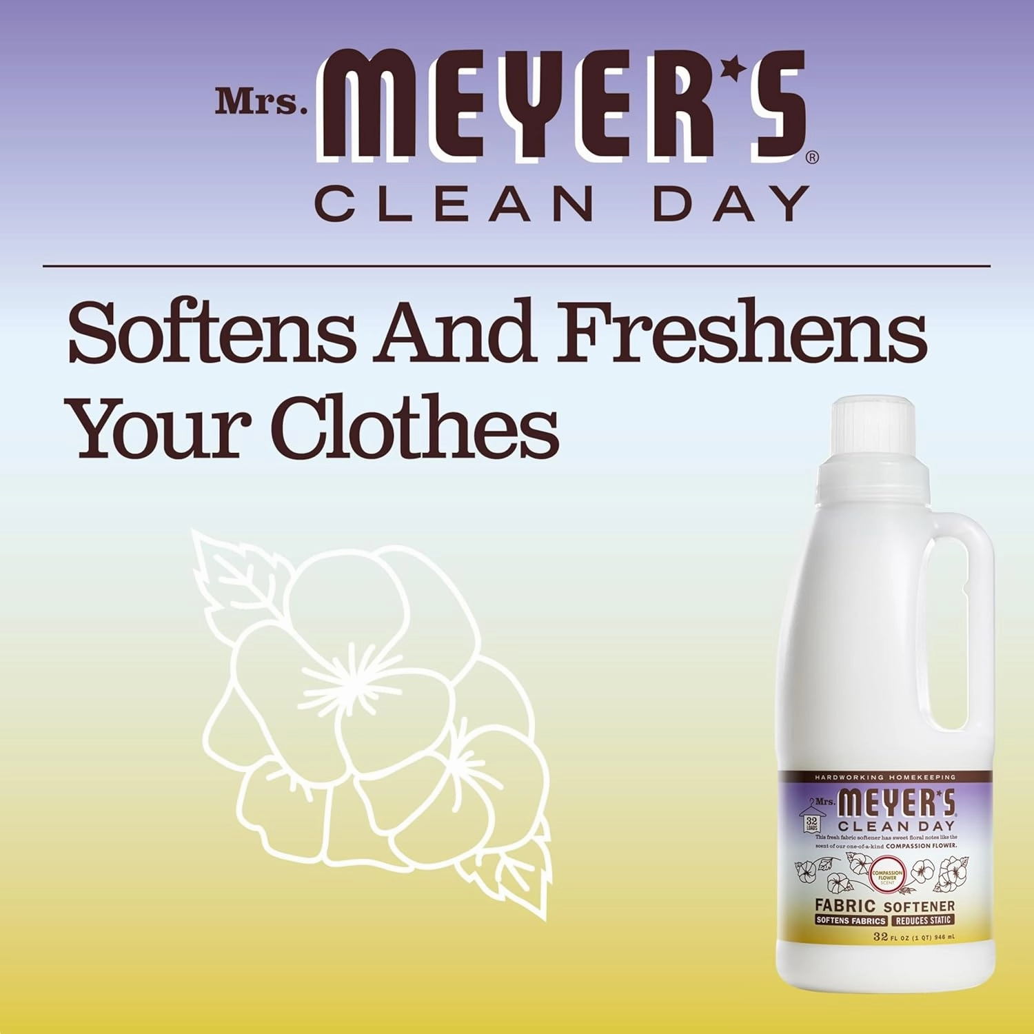 MRS. MEYER'S CLEAN DAY Liquid Fabric Softener, Infused with Essential Oils, Paraben Free, Compassion Flower, 32 oz (32 Loads)
