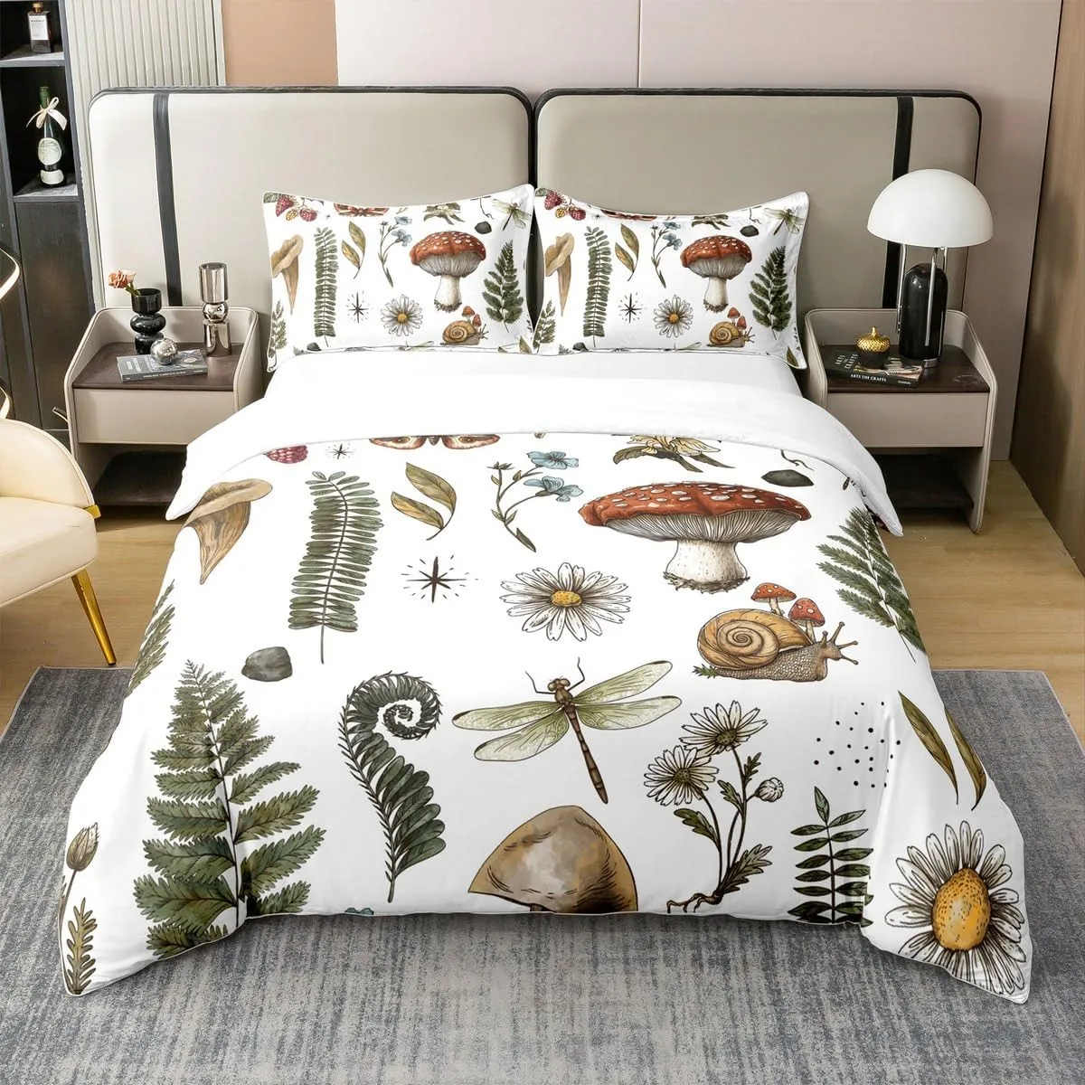 Mushroom Duvet Cover Cotton Wild Butterfly Dragonfly Botanical Leaves Bedding Set for Kids Teens Adults Outdoor Jungle Plants Natural Creature Comforter Cover with 2 Pillowcases(No Comforter) Full