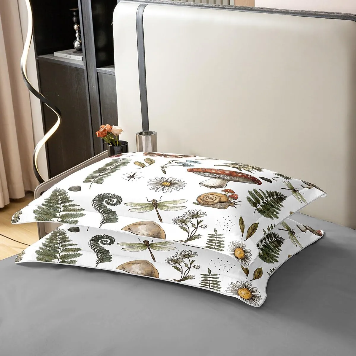 Mushroom Duvet Cover Cotton Wild Butterfly Dragonfly Botanical Leaves Bedding Set for Kids Teens Adults Outdoor Jungle Plants Natural Creature Comforter Cover with 2 Pillowcases(No Comforter) Full
