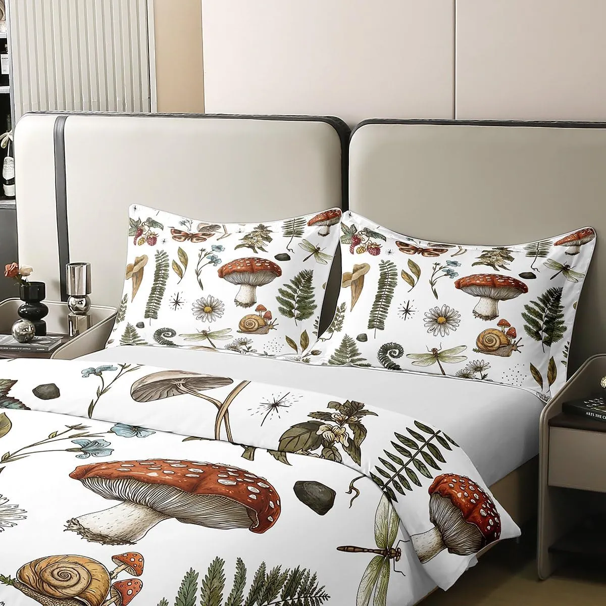 Mushroom Duvet Cover Cotton Wild Butterfly Dragonfly Botanical Leaves Bedding Set for Kids Teens Adults Outdoor Jungle Plants Natural Creature Comforter Cover with 2 Pillowcases(No Comforter) Full