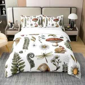 Mushroom Duvet Cover Cotton Wild Butterfly Dragonfly Botanical Leaves Bedding Set for Kids Teens Adults Outdoor Jungle Plants Natural Creature Comforter Cover with 2 Pillowcases(No Comforter) Full