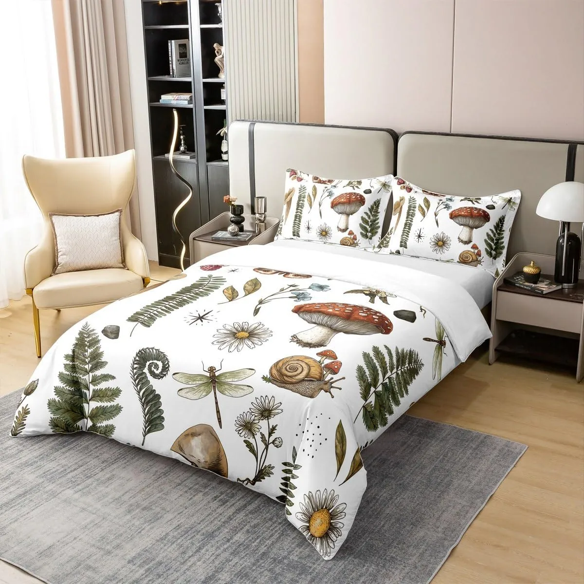 Mushroom Duvet Cover Cotton Wild Butterfly Dragonfly Botanical Leaves Bedding Set for Kids Teens Adults Outdoor Jungle Plants Natural Creature Comforter Cover with 2 Pillowcases(No Comforter) Full