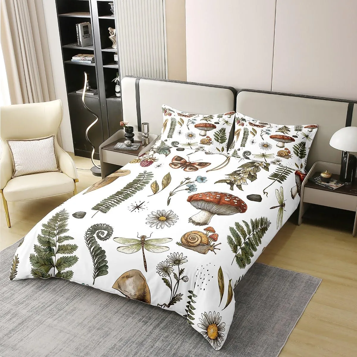 Mushroom Duvet Cover Cotton Wild Butterfly Dragonfly Botanical Leaves Bedding Set for Kids Teens Adults Outdoor Jungle Plants Natural Creature Comforter Cover with 2 Pillowcases(No Comforter) Full