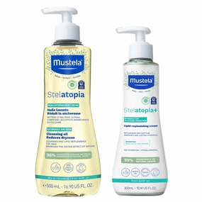 Mustela Stelatopia Eczema-Prone Skin Bath Time Gift Set - Family Skin Care Essentials - Natural Avocado & Sunflower Oil - EWG Verified - 2 Items Set - Stelatopia Cleansing Oil and Stelatopia  Cream