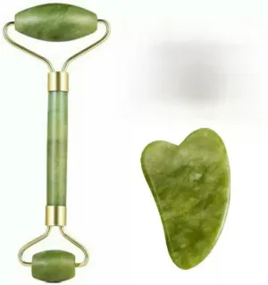 Natural Rock Serpentine Jade Facial Roller Massager GuaSha Board Set Beauty Tool