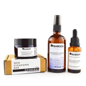 Natural Skincare Set for Combination & Oily Skin (Charcoal Cleansing Powder, Charcoal Soap, Lavender Water, Squalane)
