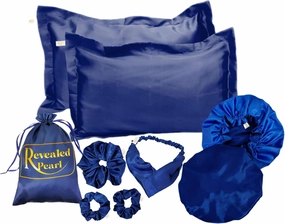 Natural hair essentials reversible and adjustable Satin bonnet, satin pillowcases, satin Scrunchies and headband set of 8 pieces (Dark blue/Royal blue)