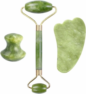 Natural Jade Stone Facial Massage Roller Gua Sha Board 3 Pcs/Set Gouache Scraper For Face Body Tools,E