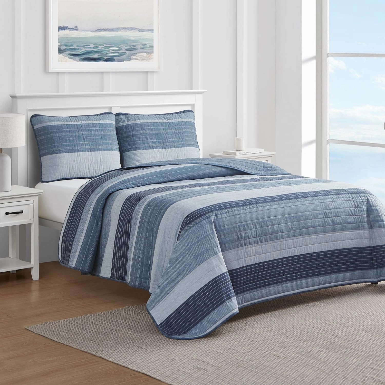 Nautica- Queen Quilt Set, Cotton Reversible Bedding Set, All Season Designer Home Décor (Ridgeport Blue, Queen)