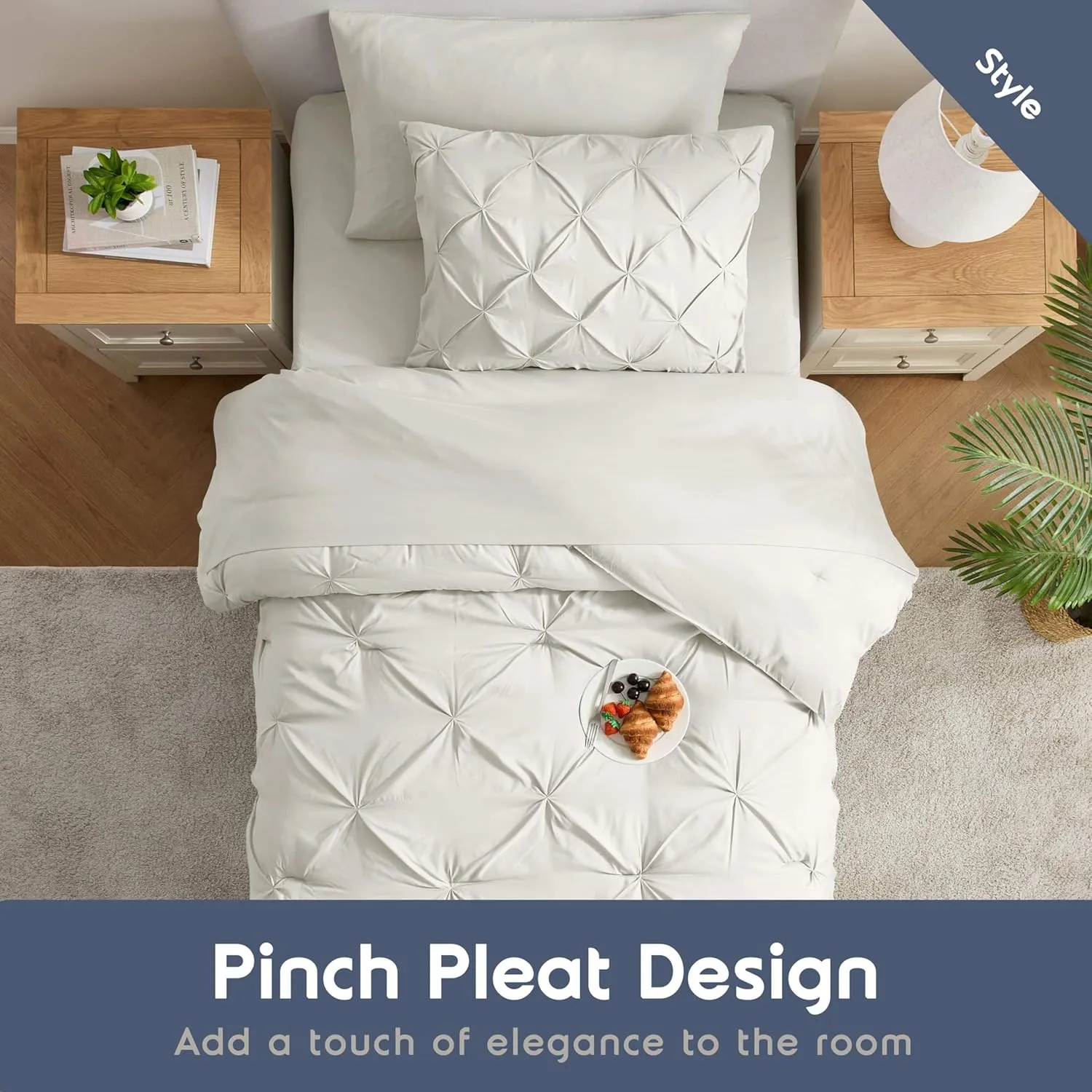 Nestl Twin XL Comforter Set 5 Piece, Pintuck Twin XL Bedding Set Off White, College Dorm Room Essentials Bed in a Bag, Twin XL Comforter Set for College Girls and Boys with Sheets, Pillowcase and Sham