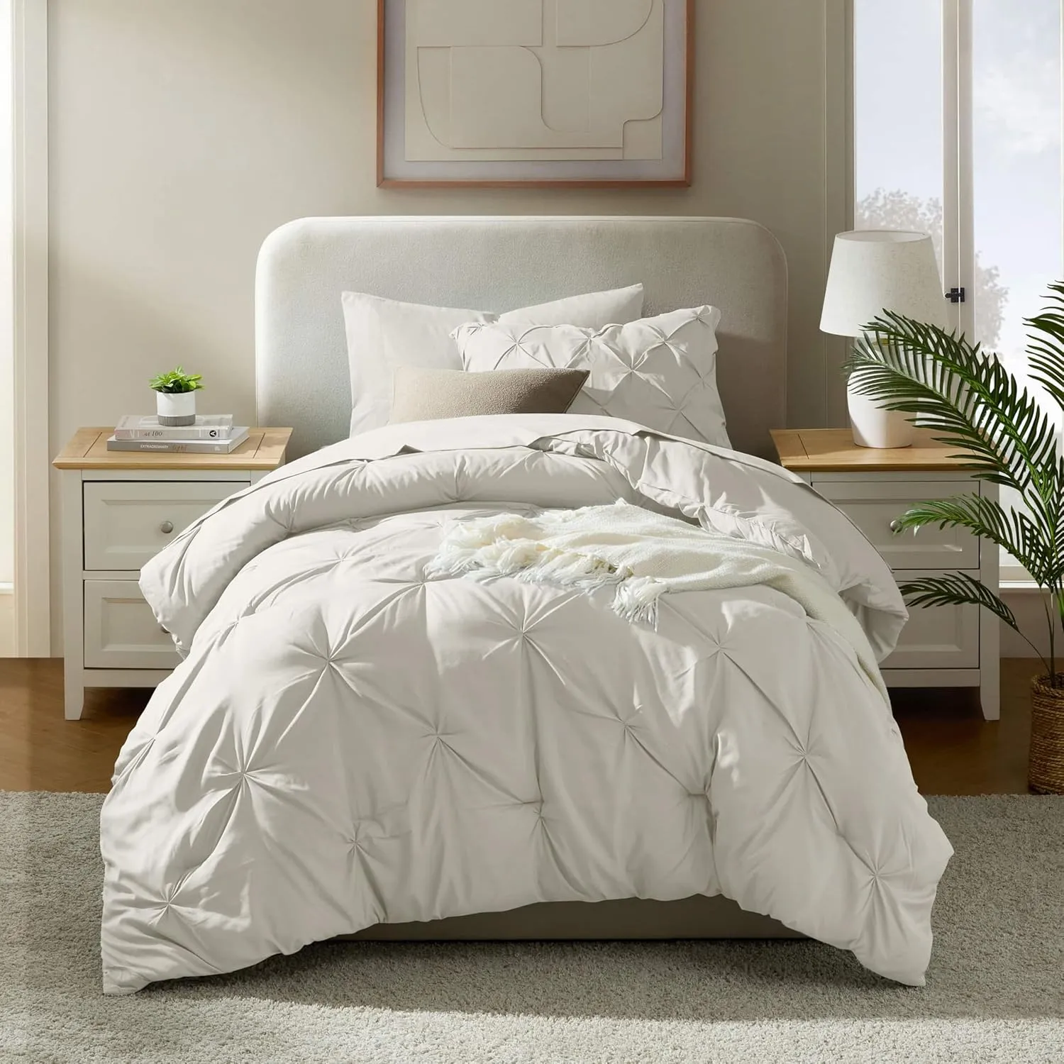 Nestl Twin XL Comforter Set 5 Piece, Pintuck Twin XL Bedding Set Off White, College Dorm Room Essentials Bed in a Bag, Twin XL Comforter Set for College Girls and Boys with Sheets, Pillowcase and Sham