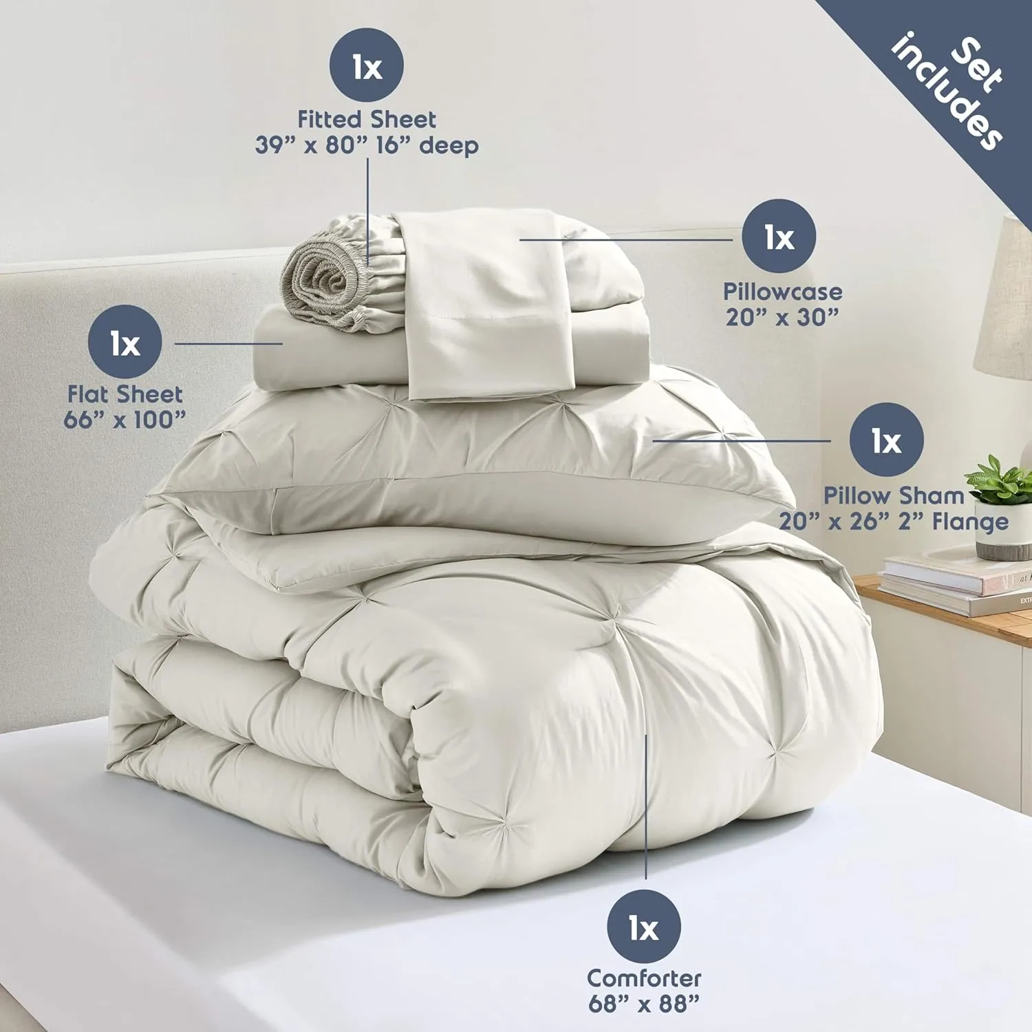 Nestl Twin XL Comforter Set 5 Piece, Pintuck Twin XL Bedding Set Off White, College Dorm Room Essentials Bed in a Bag, Twin XL Comforter Set for College Girls and Boys with Sheets, Pillowcase and Sham