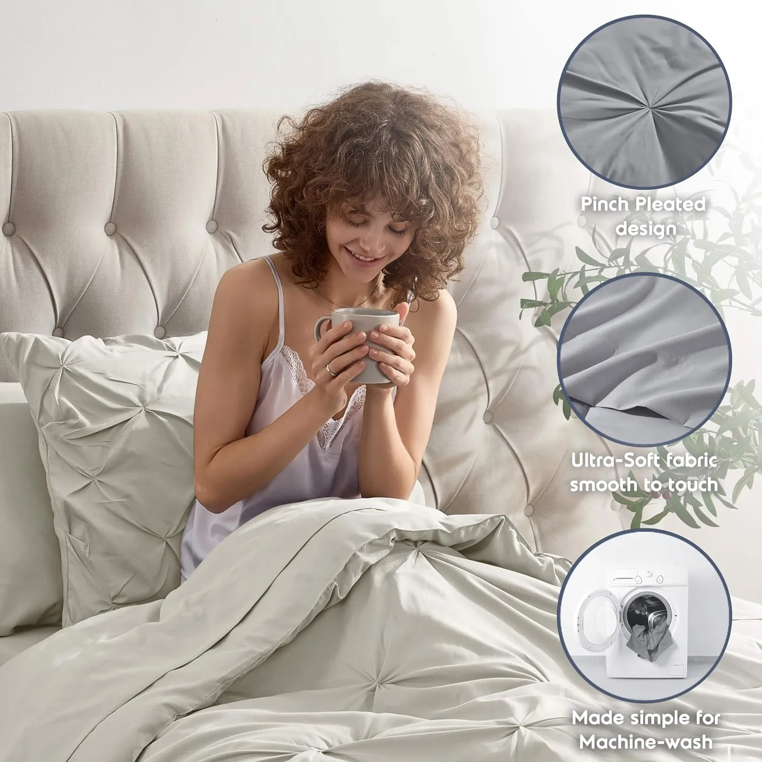 Nestl Twin XL Comforter Set 5 Piece, Pintuck Twin XL Bedding Set Off White, College Dorm Room Essentials Bed in a Bag, Twin XL Comforter Set for College Girls and Boys with Sheets, Pillowcase and Sham