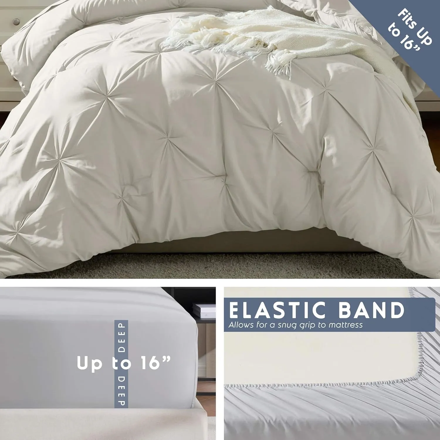 Nestl Twin XL Comforter Set 5 Piece, Pintuck Twin XL Bedding Set Off White, College Dorm Room Essentials Bed in a Bag, Twin XL Comforter Set for College Girls and Boys with Sheets, Pillowcase and Sham