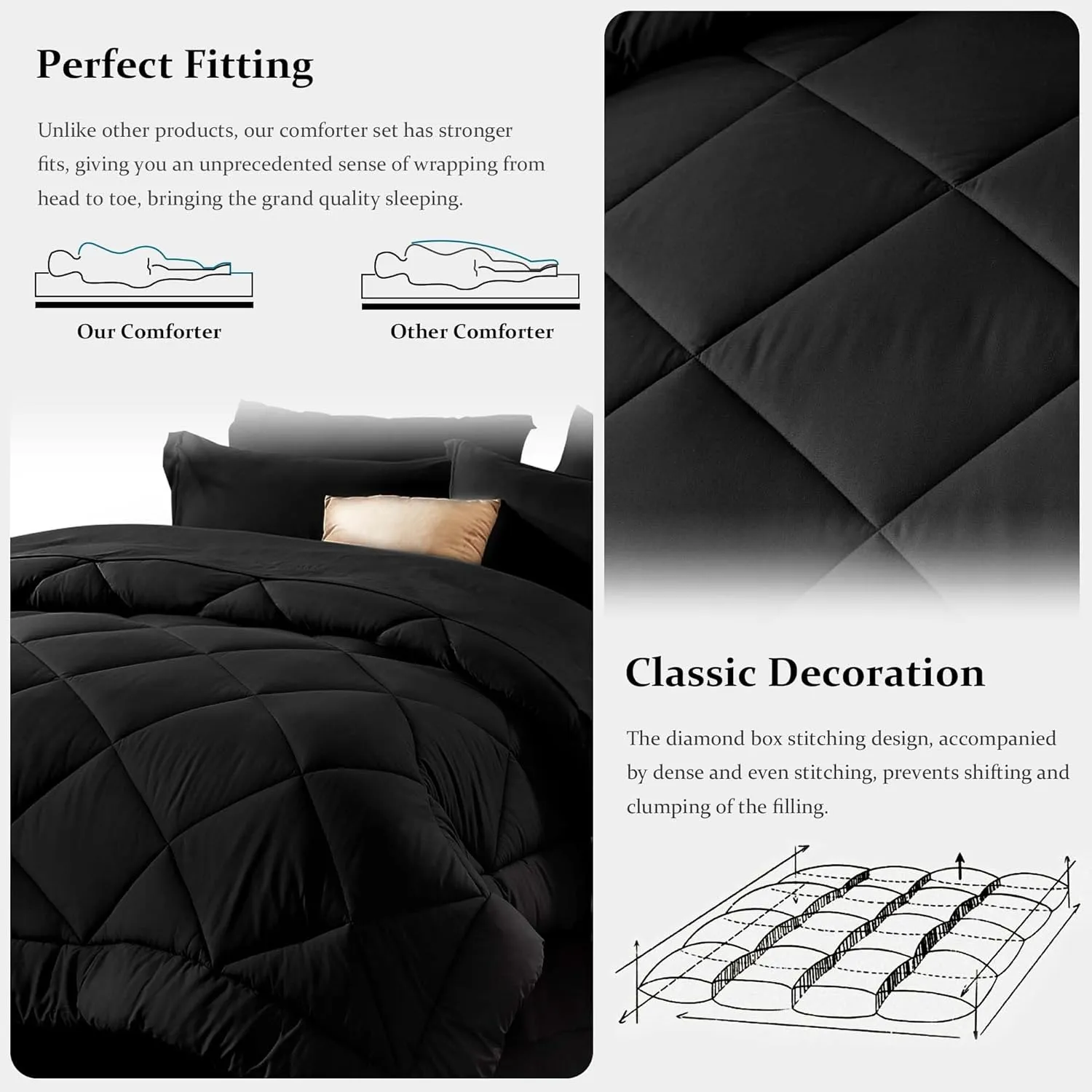 Newspin Queen Bed in a Bag 8 Pieces Comforter Set, Black All Season Bed Set, Queen Bedding Sets with Comforter and Sheets, Pillow Shams, Flat Sheet, Fitted Sheet, Pillowcases and Bed Skirt