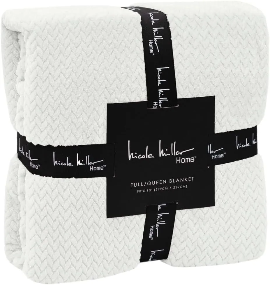 Nicole Miller Ultra-Plush King/Queen Size Throw Blanket – Chevron Herringbone Jacquard Weave, Soft & Textured for Bed or Sofa (Ivory, King (U.S. Standard))