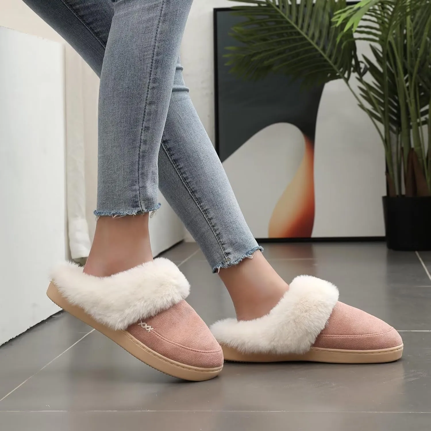 NineCiFun Women's and Men's Suede House Slippers Slip on Fuzzy Slippers with Faux Fur Lining Indoor Outdoor Home Shoes with Rubber Sole