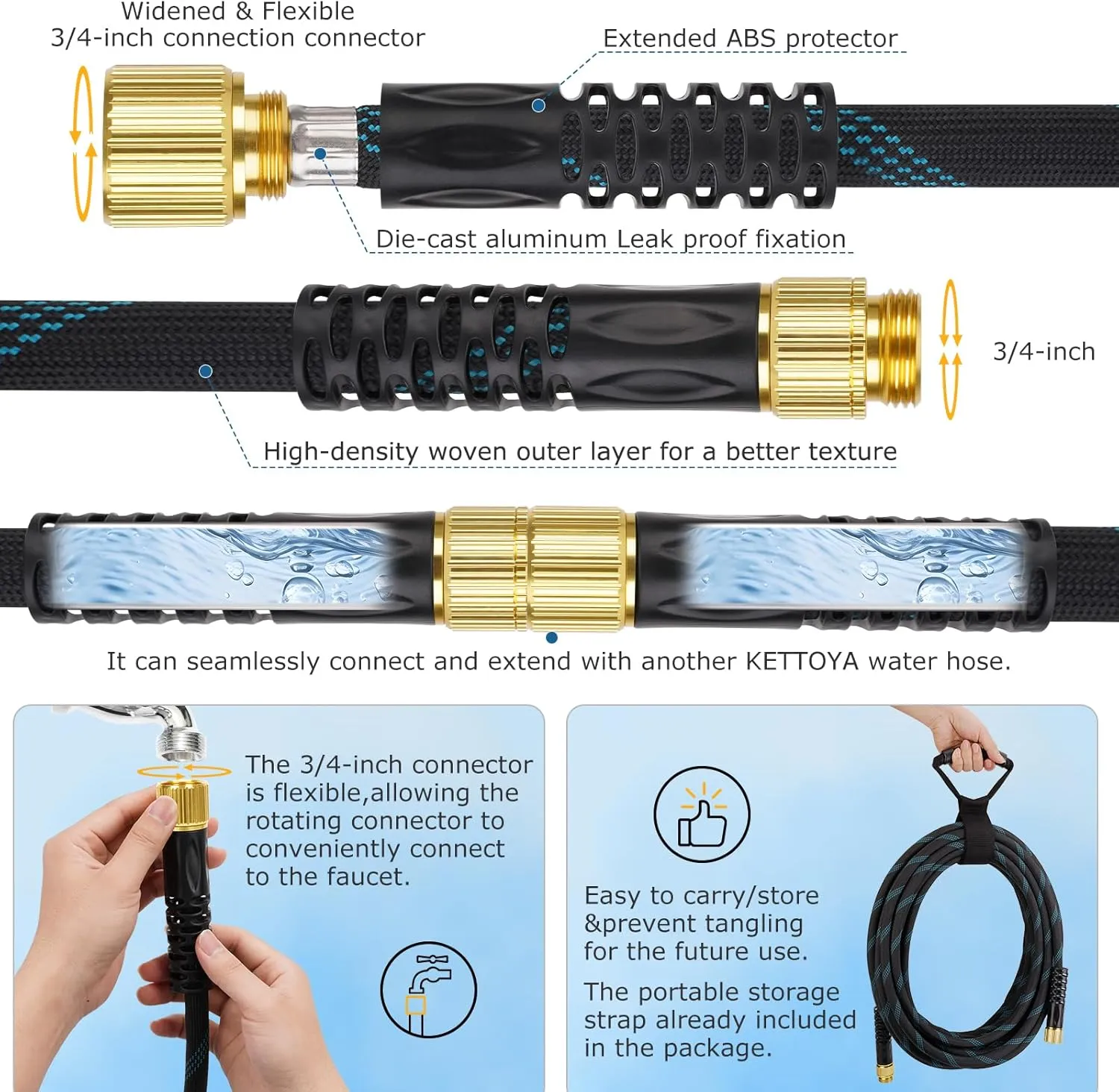 Non-Expanding Garden Hose 50 ft, Kink Free Flexible Water Hose with 10-Pattern Spray Nozzle, Lightweight Hose Pipe, Leak Proof, 3/4" Swivel Connectors, Super Fabric, Portable Storage Strap